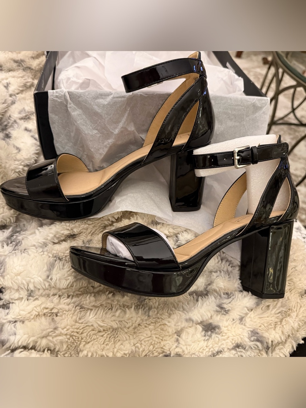 NEW CL by Laundry Black Patent Platform Block-Heel Sandals with Ankle Strap